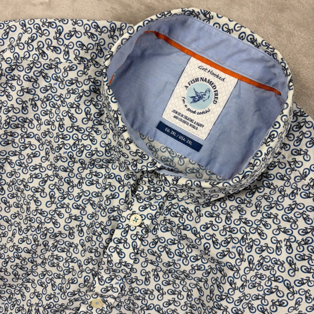 A Fish Named Fred Shirt Mens 2XL Bicycle Print Short Sleeve Button Up Vacation